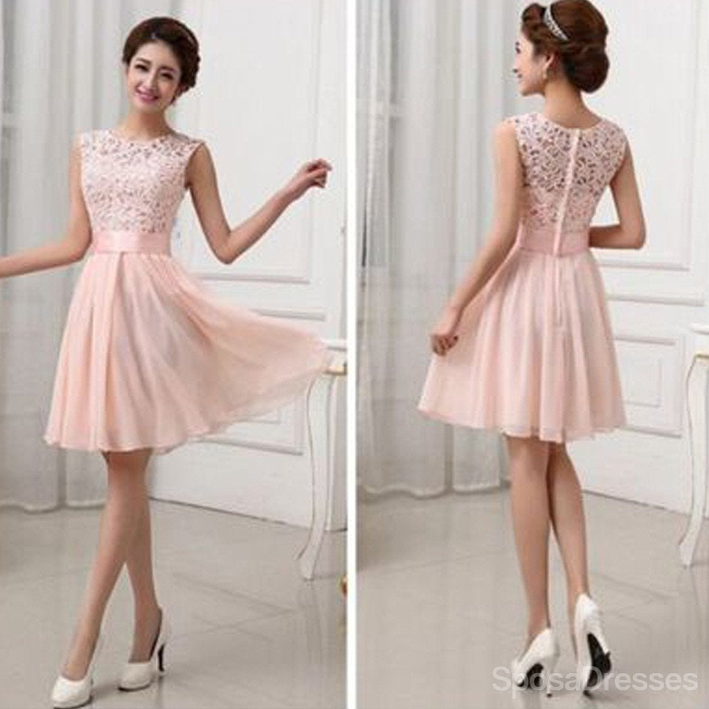 Beautiful Junior Blush Pink Lace Top Small Round Neck Bridesmaid Dresses, WG154