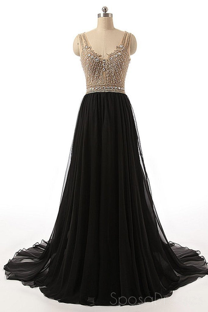 Sexy See Through Beaded Evening Prom Dresses, Black Long Party Prom Dress, Custom Long Prom Dresses, Cheap Formal Prom Dresses, 17059