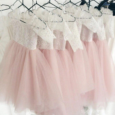 Lace Top Half Sleeves Pink Tulle Flower Girl Dresses, V-back Popular Little Girl Dresses,  FG027