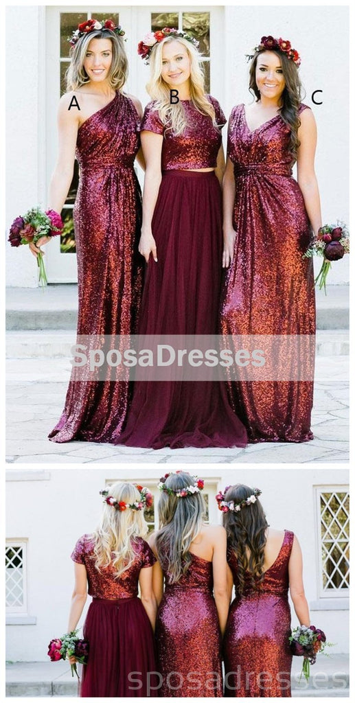 Dark Red Sequin Mismatched Custom Long Bridesmaid Dresses, WG235