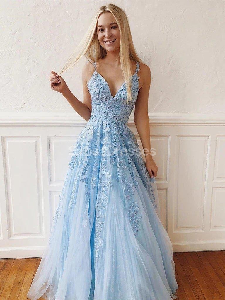 Cheap Blue Lace A-line Long Evening Prom Dresses, Evening Party Prom Dresses, 12228