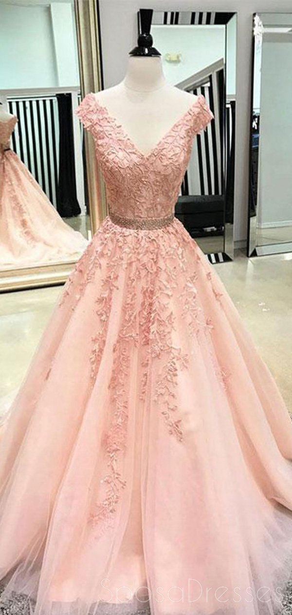 Cap Sleeves Peach Ball Gown Lace Beaded Long Evening Prom Dresses, Che –  SposaDresses