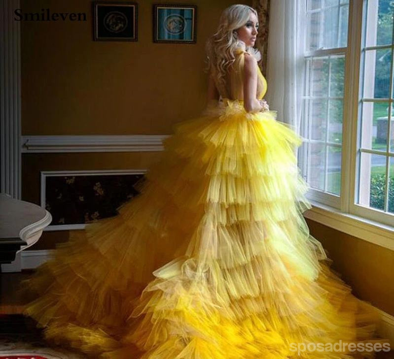 Yellow A-line V-neck Cheap Long Prom Dresses Online,Dance Dresses,12581