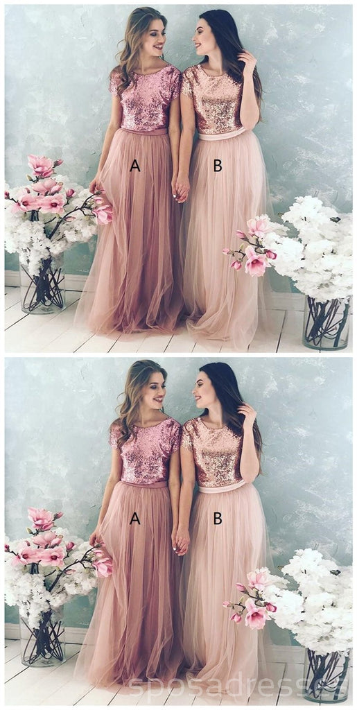 Sequin Bodice Tulle Skirt Cheap Long Bridesmaid Dresses With Sleeves, WG218