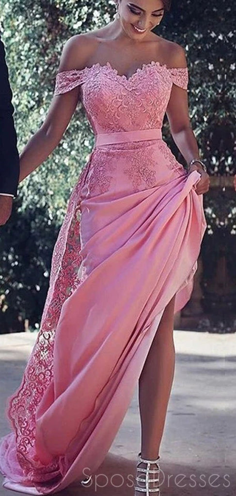 Off The Shoulder Pink Lace Long Evening Prom Dresses, Sweet 16 Prom Dresses, 12368