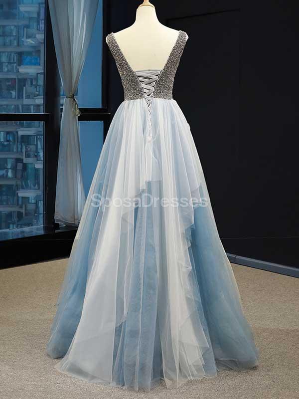 Unique V neck Ruffle Blue Long Evening Prom Dresses, Evening Party Prom Dresses, 12229