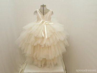 Ivory Satin Top Rhinestone Belt Hi-low Tulle Flower Girl Dresses,  Cheap Little Girl Dresses, FG028