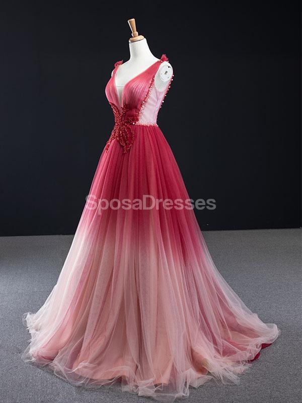 V Neck Beaded Red Ombre Long Evening Prom Dresses, Evening Party Prom Dresses, 12260