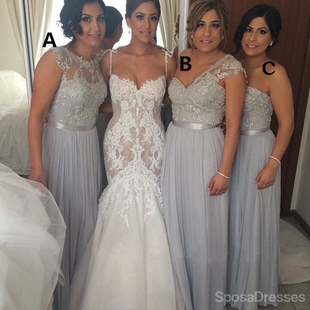 Mismatched Lace Top Grey Chiffon Floor Length Cheap Bridesmaid Dresses, WG168