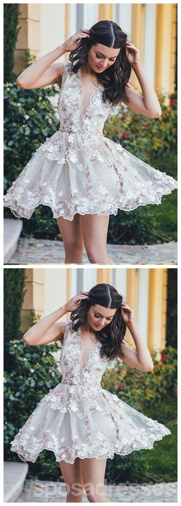 V Neck Lace Handmade Flower Cute Cheap Short Homecoming Dresses 2018, CM557