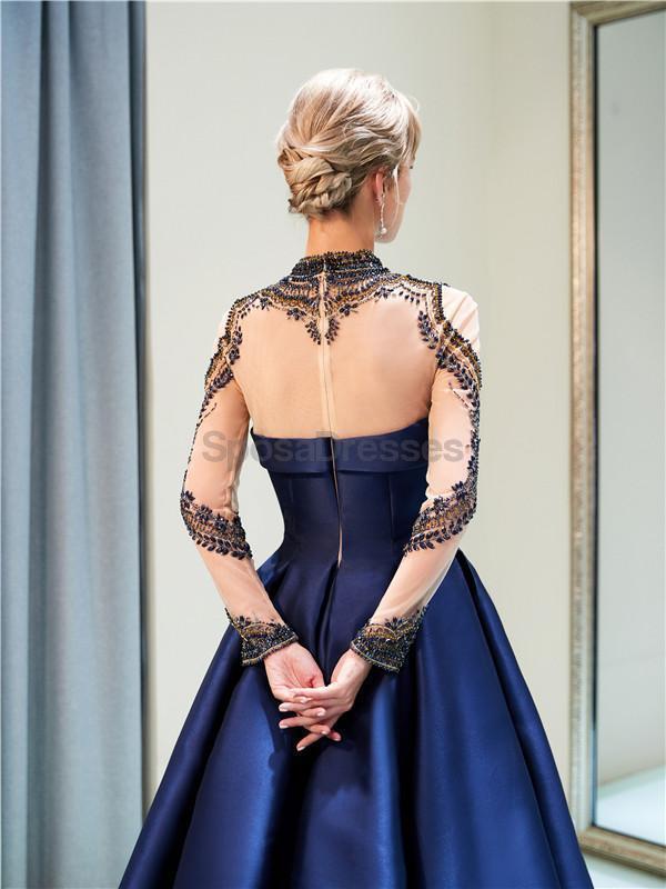 Navy Long Sleeves A-line Navy Beaded Evening Prom Dresses, Evening Party Prom Dresses, 12030