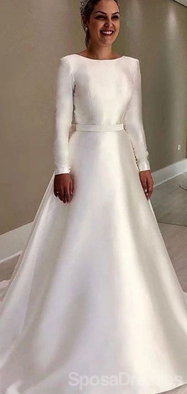 long sleeve satin a line wedding dress Stacees Bridal Wedding Dress A-line V Neck Elastic Satin Stretch Crepe Court Train Split