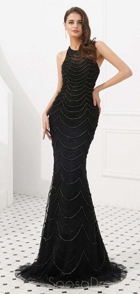 Halter Heavily Beaded Black Lace Mermaid Evening Prom Dresses, Evening Party Prom Dresses, 12092