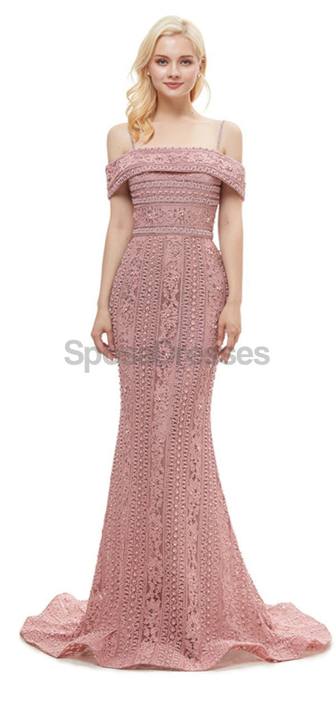 Off Shoulder Dusty Pink Lace Mermaid Evening Prom Dresses, Evening Party Prom Dresses, 12049