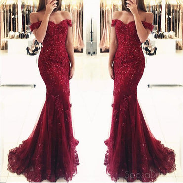Off Shoulder Dark Red Lace Beaded Mermaid Evening Prom Dresses, Cheap Formal Prom Dresses, 17207