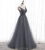 V Neck Grey Beaded Tulle Long Cheap Evening Prom Dresses, Evening Party Prom Dresses, 12331