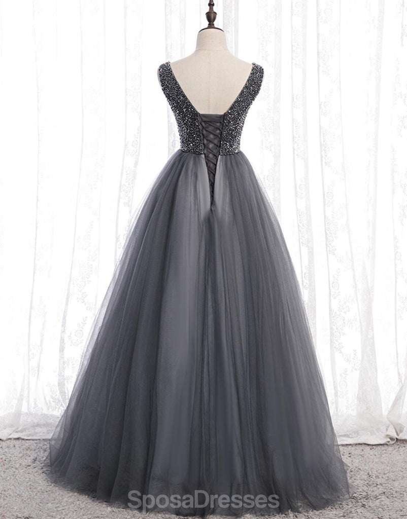 V Neck Grey Beaded Tulle Long Cheap Evening Prom Dresses, Evening Party Prom Dresses, 12331
