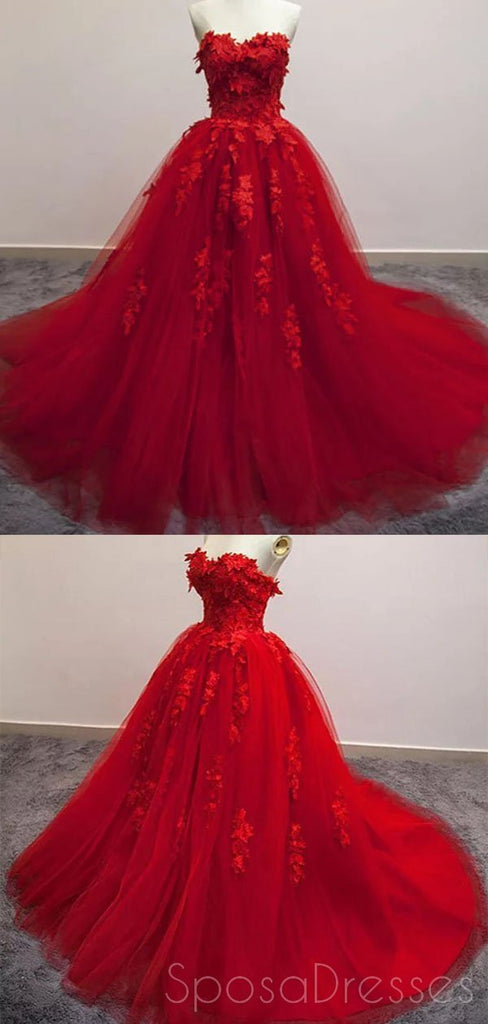 Bright Red Ball Gown Lace Cheap Long Evening Prom Dresses, Cheap Custo ...