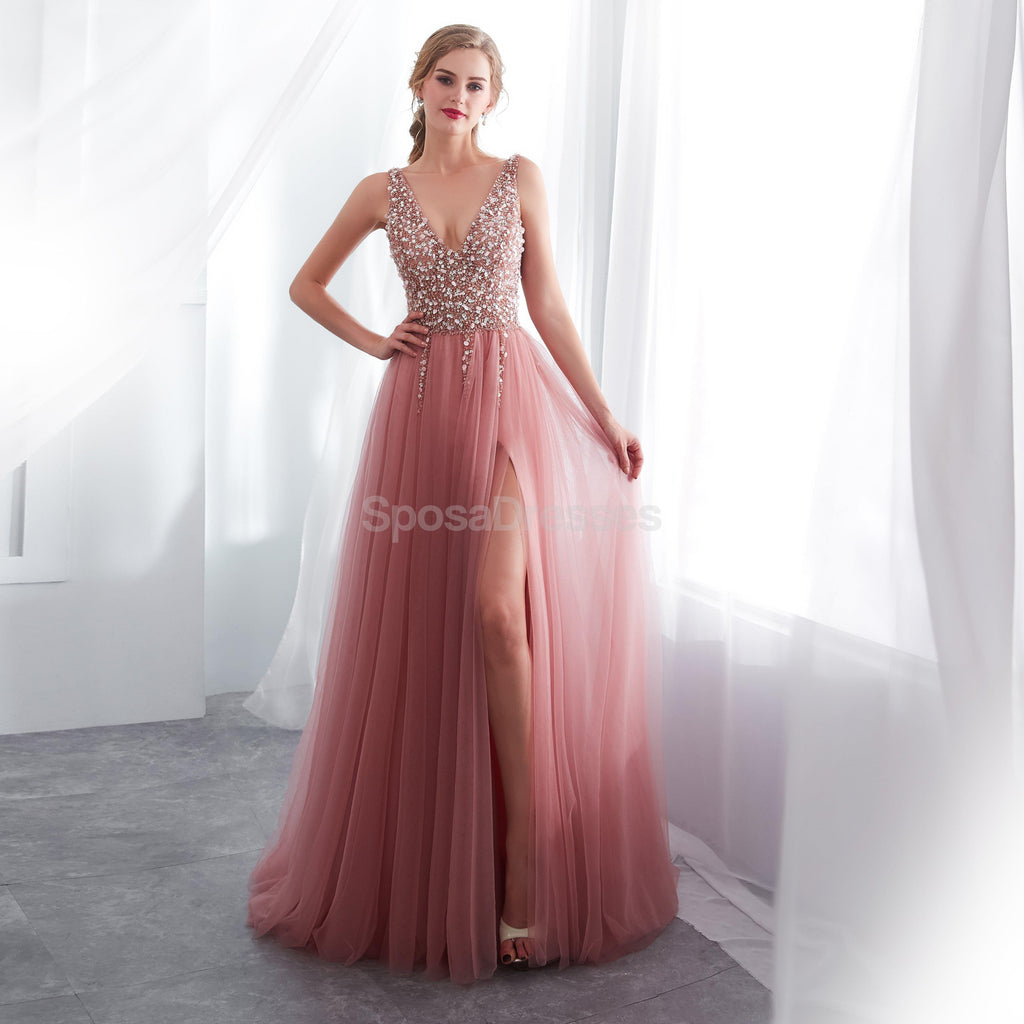 V Neck Lace Beaded Peach Evening Prom Dresses, Evening Party Prom Dresses, 12022