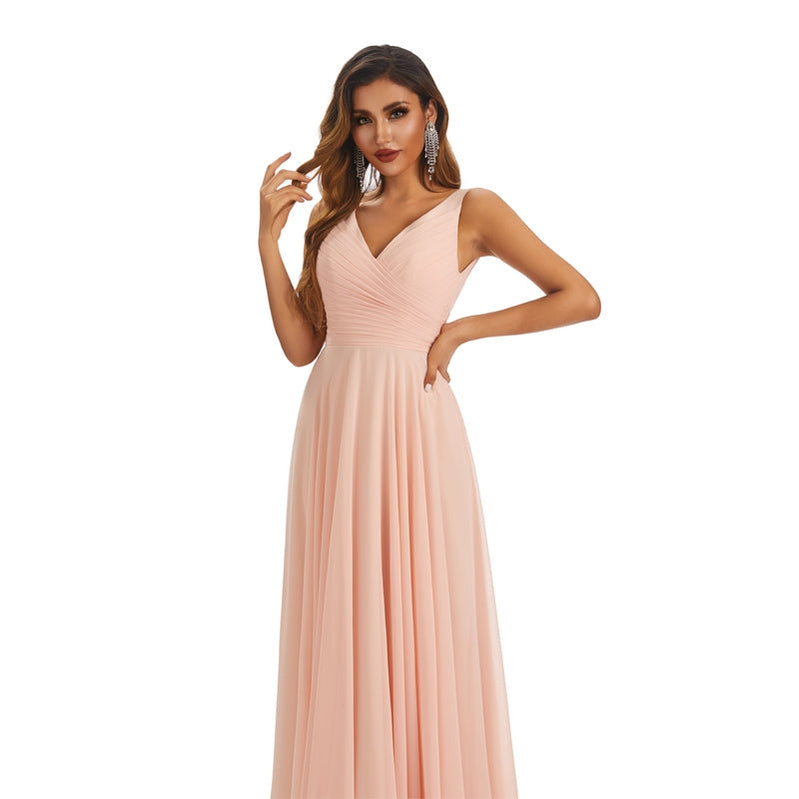 Pink A-line Straps V-neck Cheap Chiffon Long Bridesmaid Dresses,WG1610