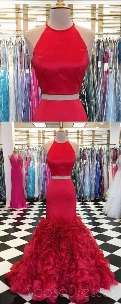 Two Pieces Halter Red Mermaid Long Evening Prom Dresses With Pockets, Cheap Custom Party Prom Dresses, 18604