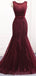 Scoop Maroon Lace Beaded Mermaid Long Evening Prom Dresses, Evening Party Prom Dresses, 12165