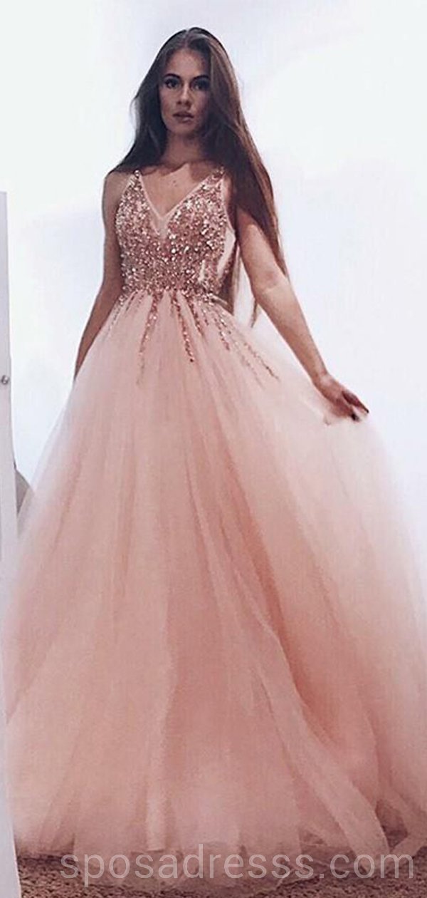 Peach Tulle Rose Gold Beaded Long Evening Prom Dresses, Cheap Custom S SposaDresses Peach Tulle Rose Gold Beaded Long Evening Prom Dresses, Cheap Custom S SposaDresses