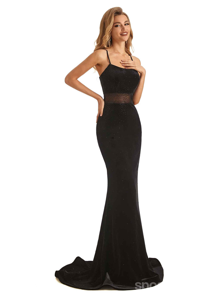 Sexy Black Mermaid Spaghetti Straps Cheap Long Prom Dresses,12947