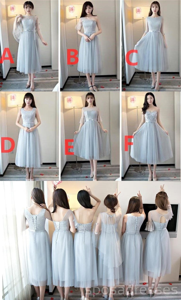 Mismatched Gray Tea Length Lace Bridesmaid Dresses, Bridesmaid Dresses,BD025