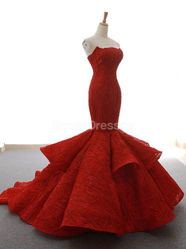 Unique Lace Red Mermaid Long Evening Prom Dresses, Evening Party Prom Dresses, 12261