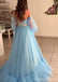 Blue Off The Shoulder Long Sleeves A-line Long Evening Party Prom Dresses, Prom Dresses Stores,12525