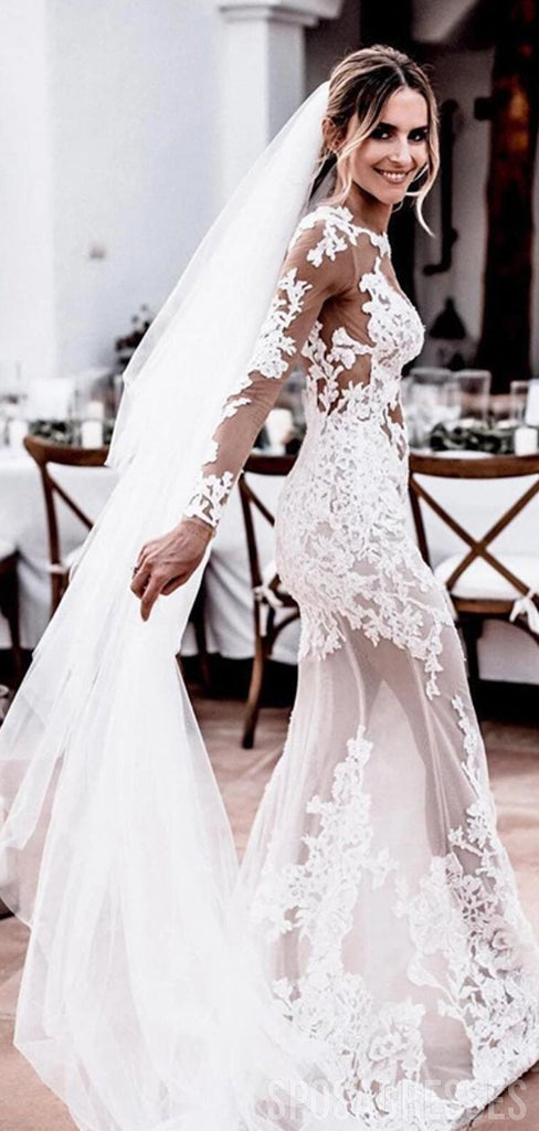 Sexy Long Sleeves Open Back Mermaid Wedding Dresses Online, Cheap Wedding Gown, WD659