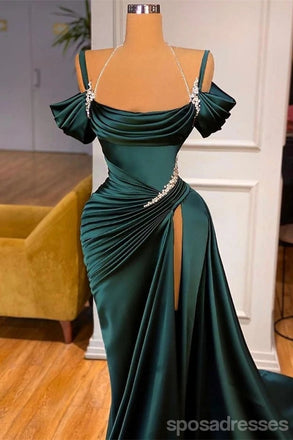 Unique Emerald Green Mermaid Spaghetti Straps High Slit Long Prom Dresses,12837