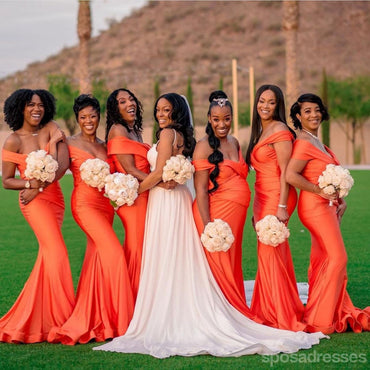 Orange Mermaid Off Shoulder V-neck Long Bridesmaid Dresses Gown Online,WG1129