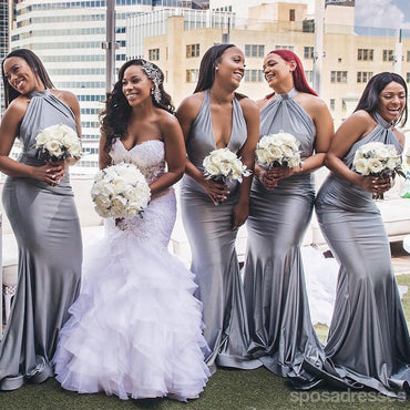Grey Sexy Mermaid Halter Sleeveless Long Bridesmaid Dresses Gown Online,WG1107