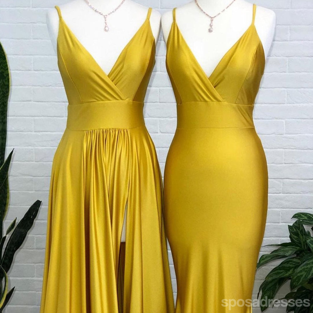 Yellow Spaghetti Straps V-neck Long Bridesmaid Dresses Gown Online,WG1124
