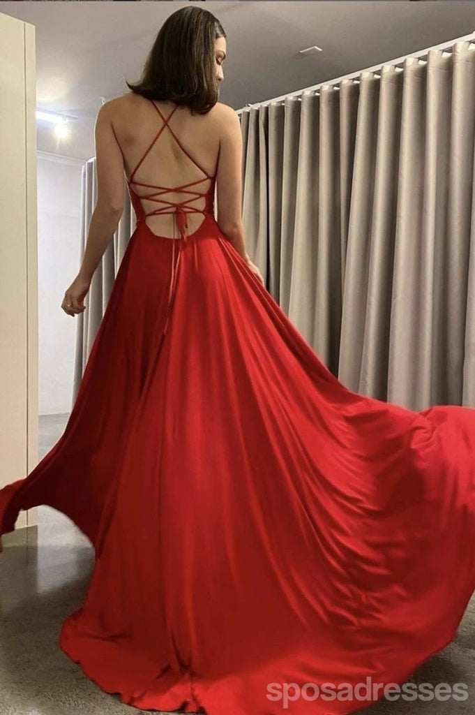 Red A-line Spaghetti Straps Backless High Slit Long Prom Dresses Online,12708