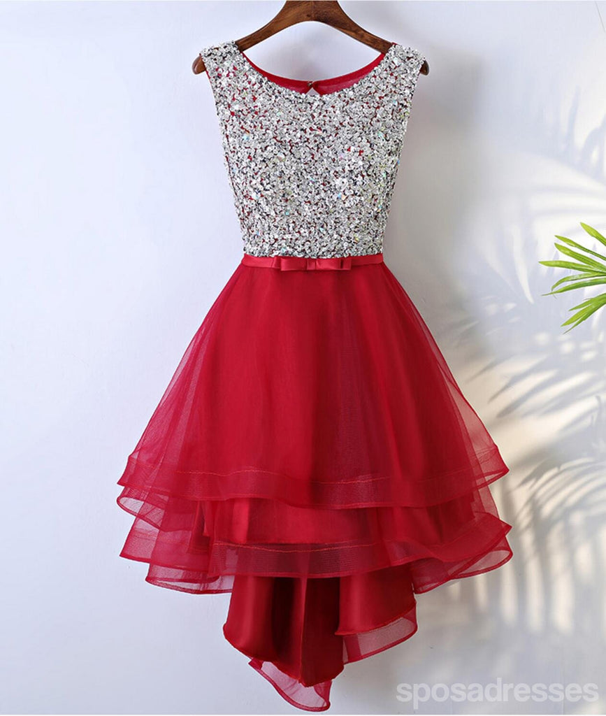 Rhinestone High Low Open Back Red Homecoming Dresses, Short Homecoming Dresses, CM241
