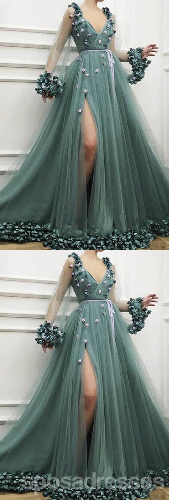 Dusty Green A-line High Slit V-neck Long Sleeves Prom Dresses Online,12668