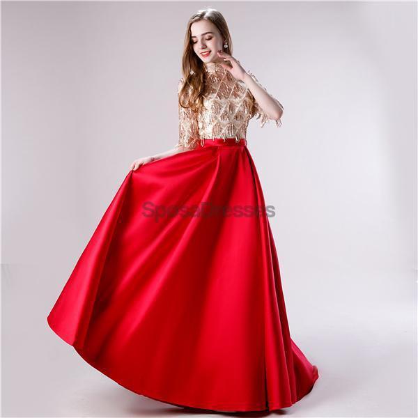 1/2 Long Sleeves High Neck Red Skirt Sequin Top Evening Prom Dresses, Evening Party Prom Dresses, 12116