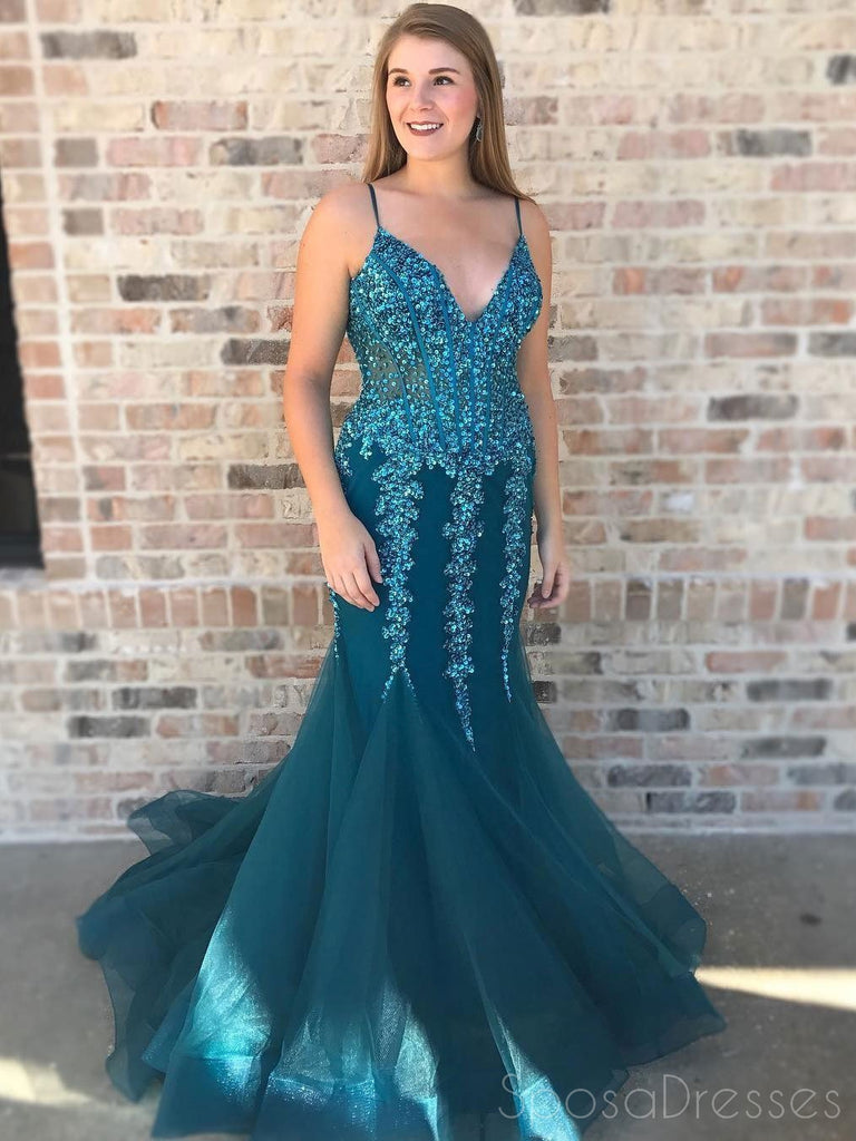 Turquoise See Through V Neck Mermaid Long Evening Prom Dresses, 17543 ...