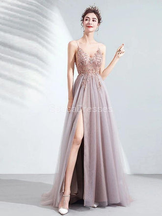 Spaghetti Straps See Through Side Slit Long Evening Prom Dresses, Evening Party Prom Dresses, 12215