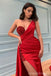 Sexy Red Mermaid One Shoulder High Slit Cheap Long Prom Dresses,12835