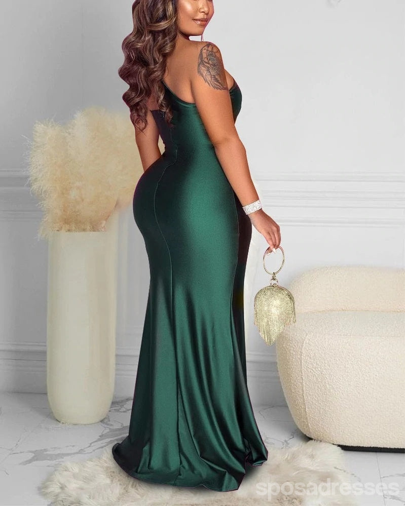 Emerald Green Mermaid One Shoulder High Slit Cheap Long Bridesmaid Dresses,WG1338