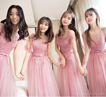Pink Lace Tulle Long Bridesmaid Dresses, Cheap Bridesmaid Dresses, BD002
