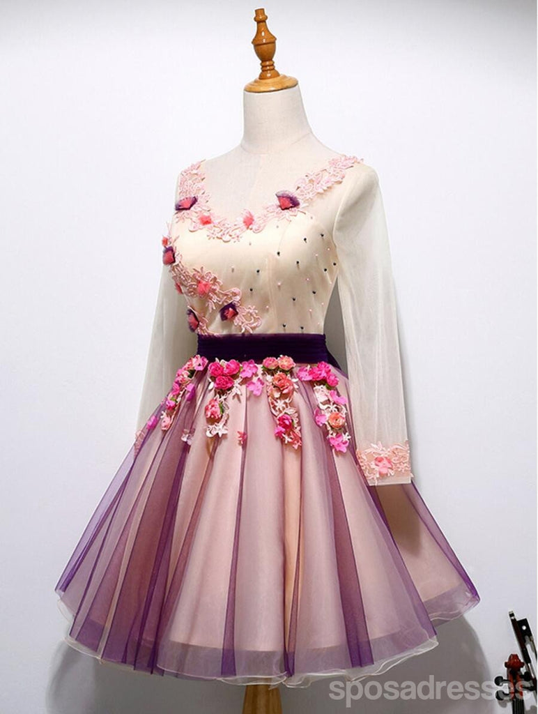 Long Sleeve Hand Made Flower Cute Homecoming Prom Dresses, Affordable ...