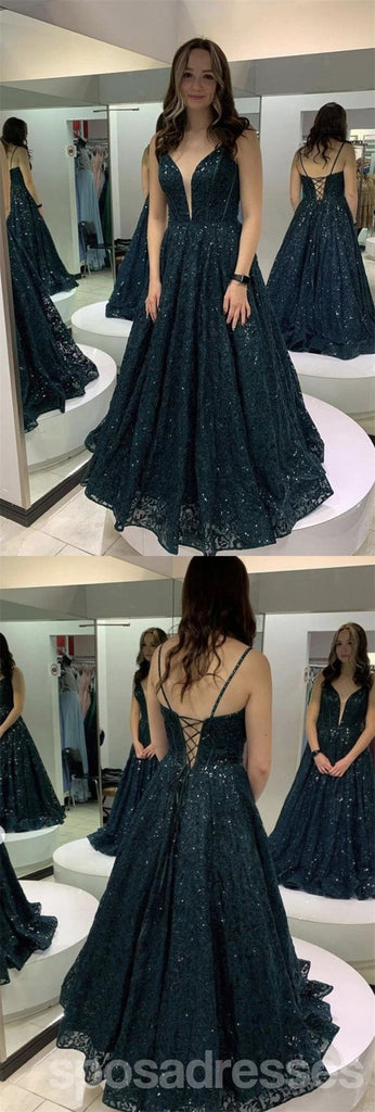 Sparkly Dusty Blue A-line V-neck Long Prom Dresses Online,Evening Party Dresses,12749