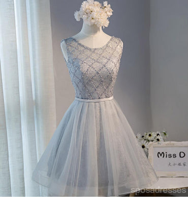 Sexy Open Back Grey Lace Beaded Homecoming Prom Dresses, Affordable Short Party Prom Dresses, Perfect Homecoming Dresses, CM286