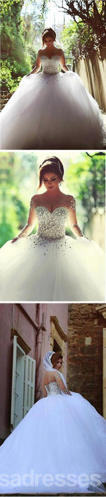 Gorgeous Illusion Long Sleeve Beaded Rhinestone Lace Up Ball Gown Wedding Dress, WD0200