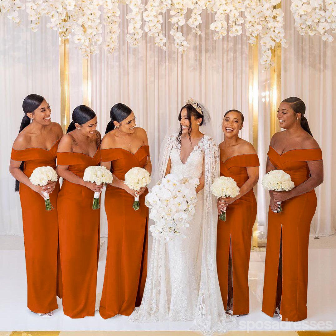 Burnt Orange Mermaid Off the Shoulder High Slit V-neck Bridesmaid Dres –  SposaDresses